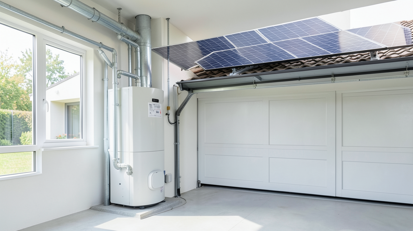 chauffe-eau thermodynamique solaire installé dans un garage avec panneaux solaires thermiques sur le toit d'une maison