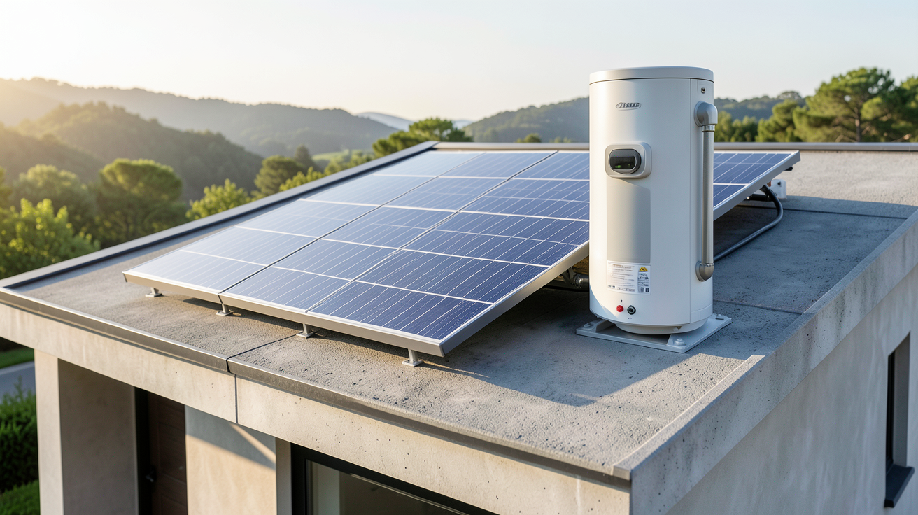 chauffe eau thermodynamique solaire à capteur atmosphérique installé sur le toit d'une maison moderne