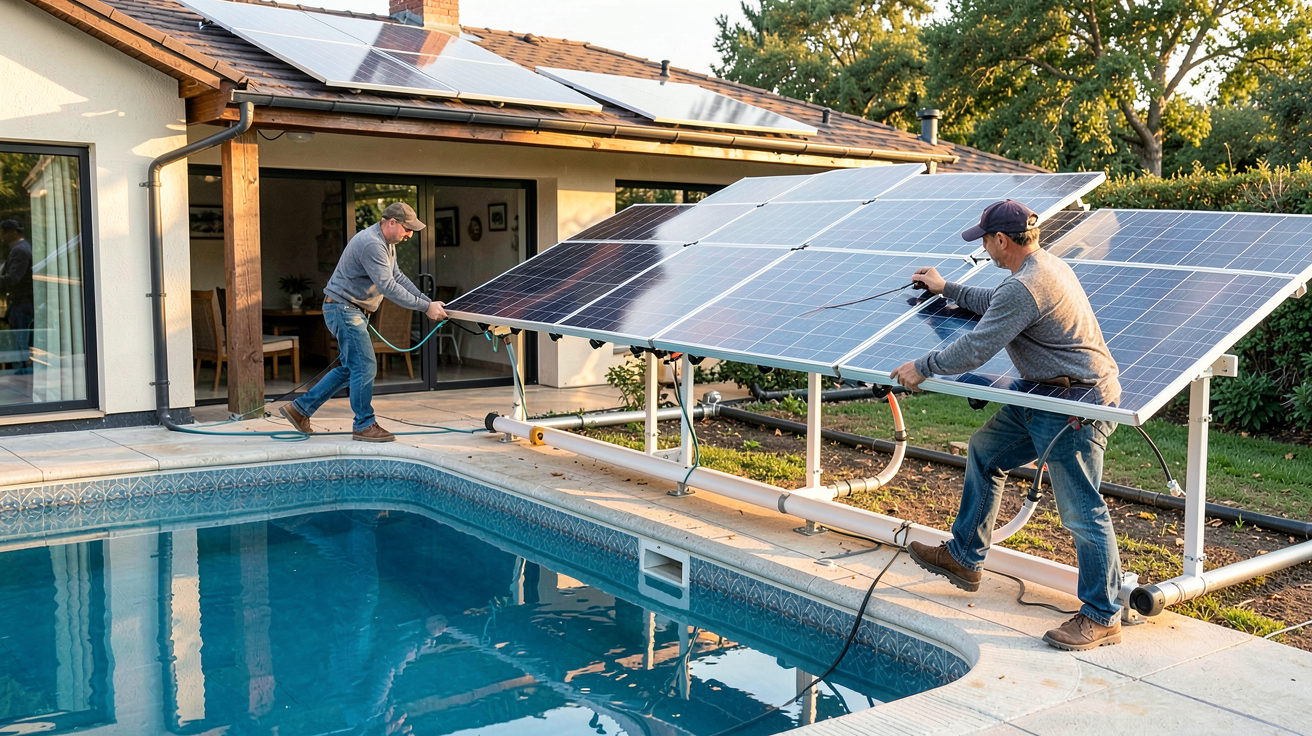 chauffe piscine solaire installation étape par étape montrant un professionnel fixant des panneaux solaires thermiques sur un toit
