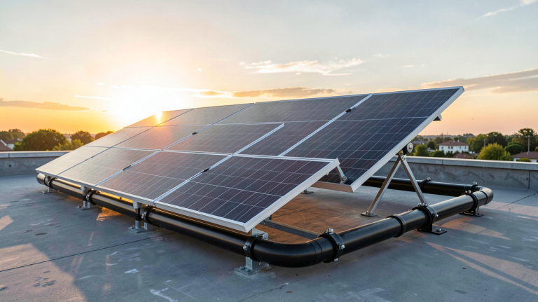 chauffe piscine solaire composé de panneaux thermiques noirs installés sur un toit plat