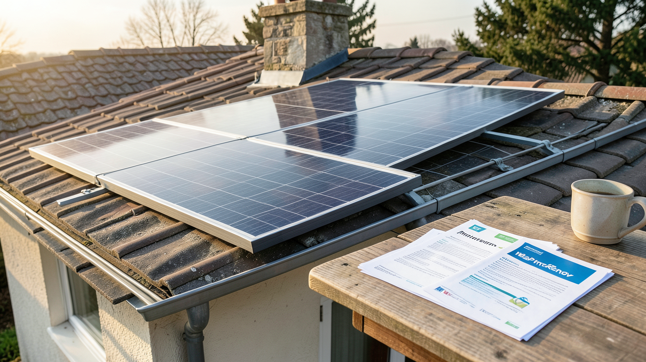 chocdiscount solaire éligible aux aides financières : panneau photovoltaïque sur toit avec documents de prime énergie, MaPrimeRénov’ et CEE