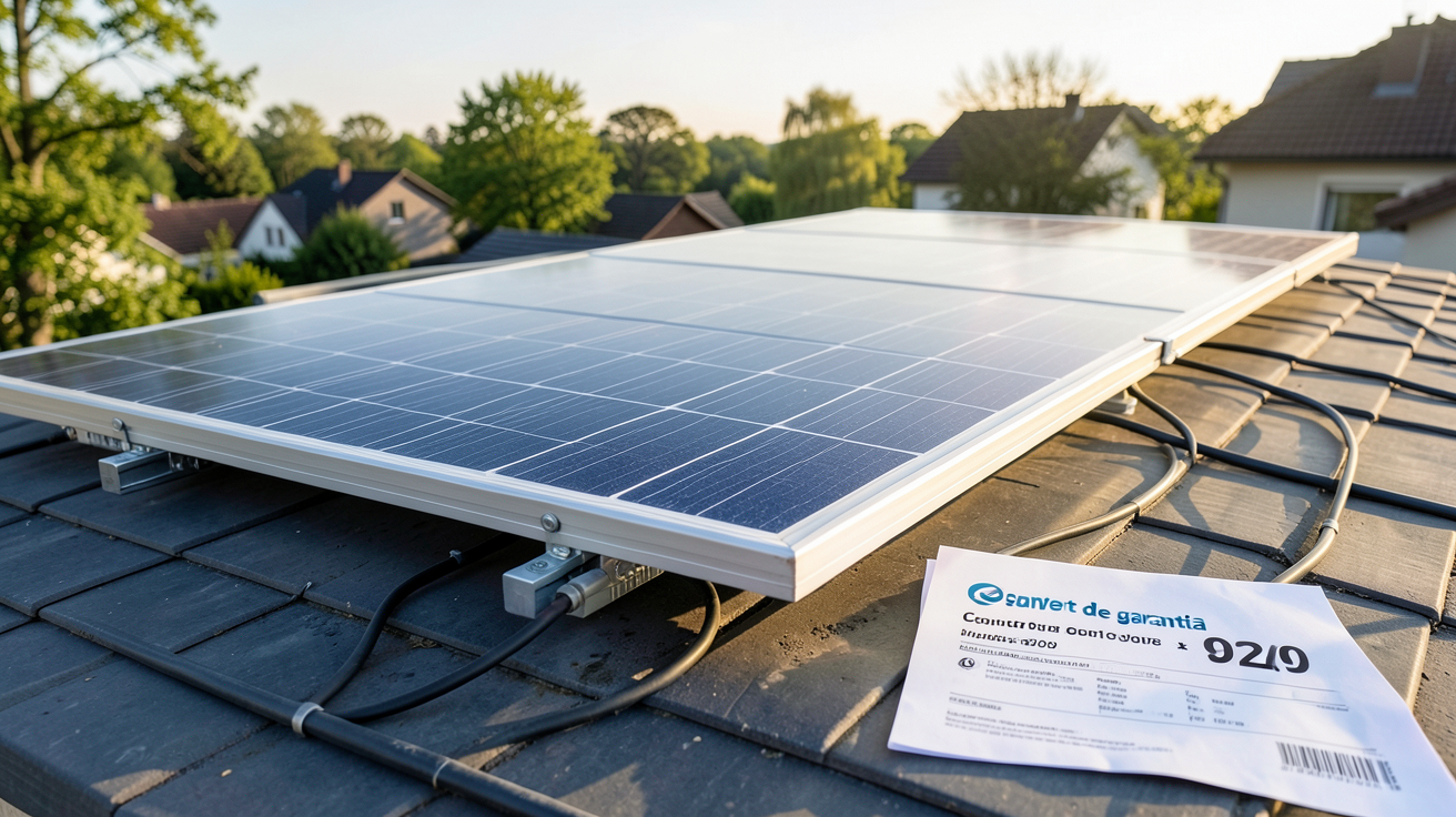 chocdiscount solaire : panneau photovoltaïque avec contrat de garantie et étiquette de prix sur un toit de maison
