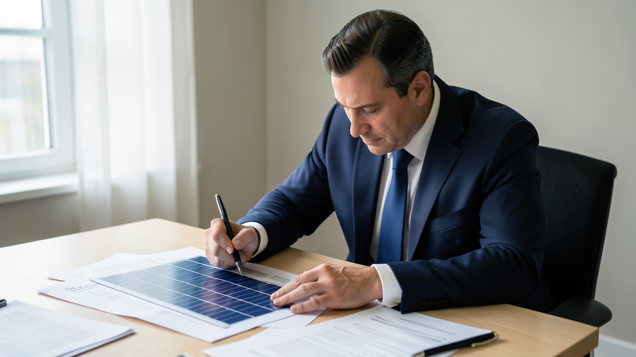 professionnel analysant un devis de panneaux solaires sur une table en bois clair