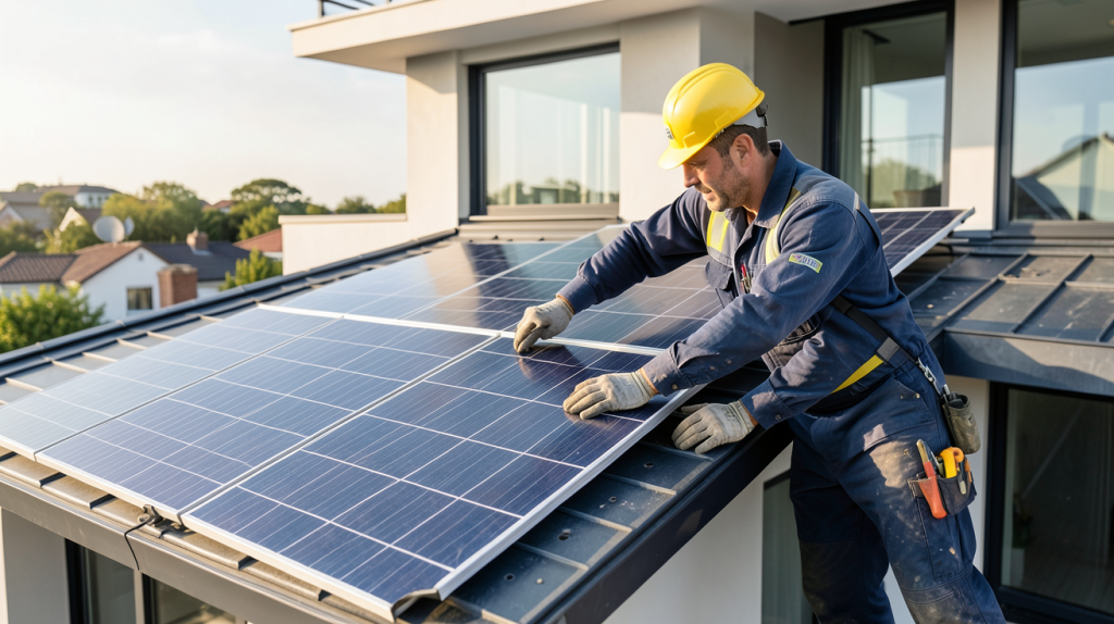 choisir installateur panneau solaire professionnel en train d'installer un panneau photovoltaïque sur un toit moderne