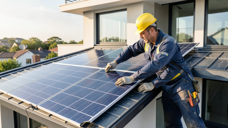 choisir installateur panneau solaire professionnel en train d'installer un panneau photovoltaïque sur un toit moderne