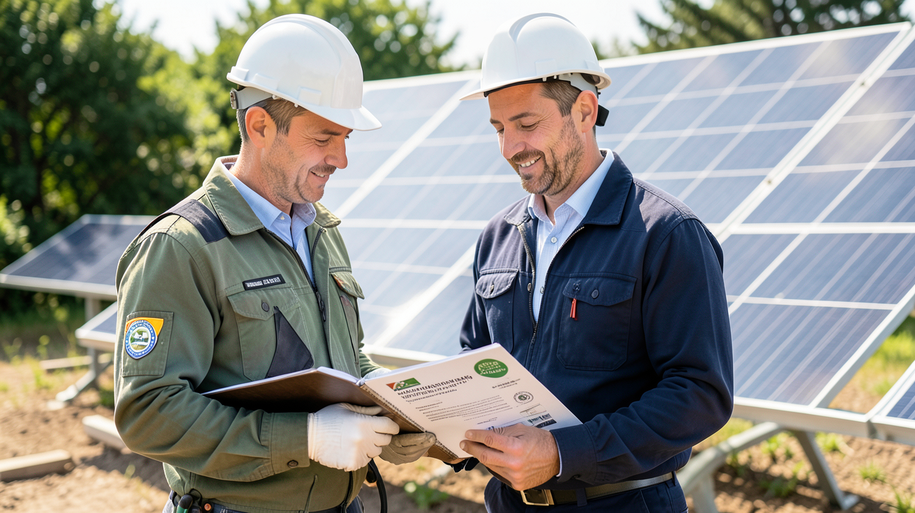 professionnel vérifiant les certifications et labels d'un installateur de panneaux solaires