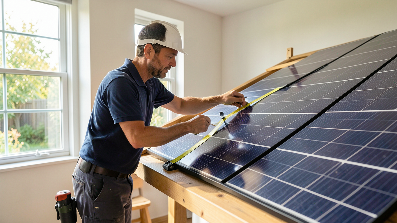 choisir installateur panneau solaire : visite technique obligatoire où l'installateur vérifie le toit avec un niveau à bulle
