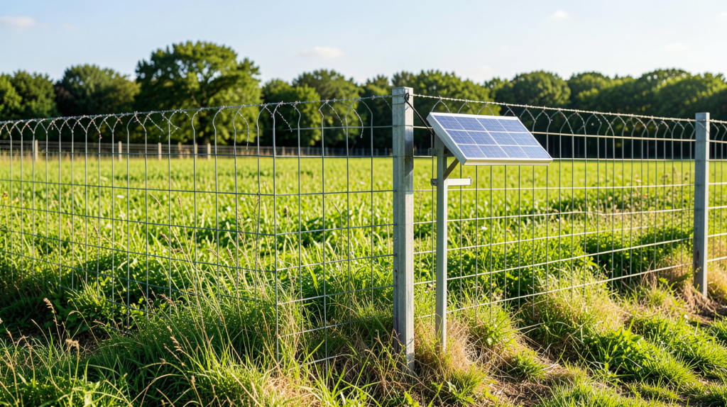 clôture électrique solaire installée dans un pâturage ensoleillé