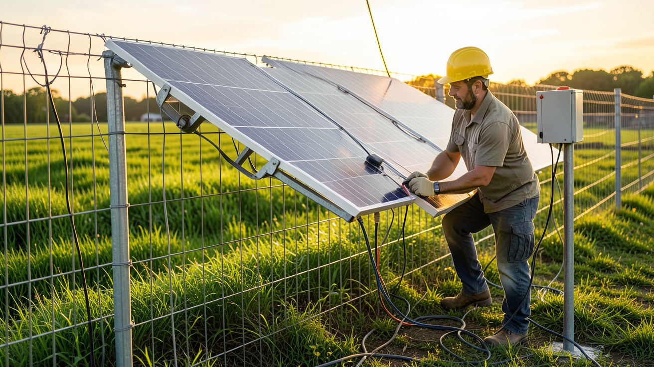 clôture électrique solaire en cours d'installation dans un champ avec un professionnel manipulant les panneaux solaires