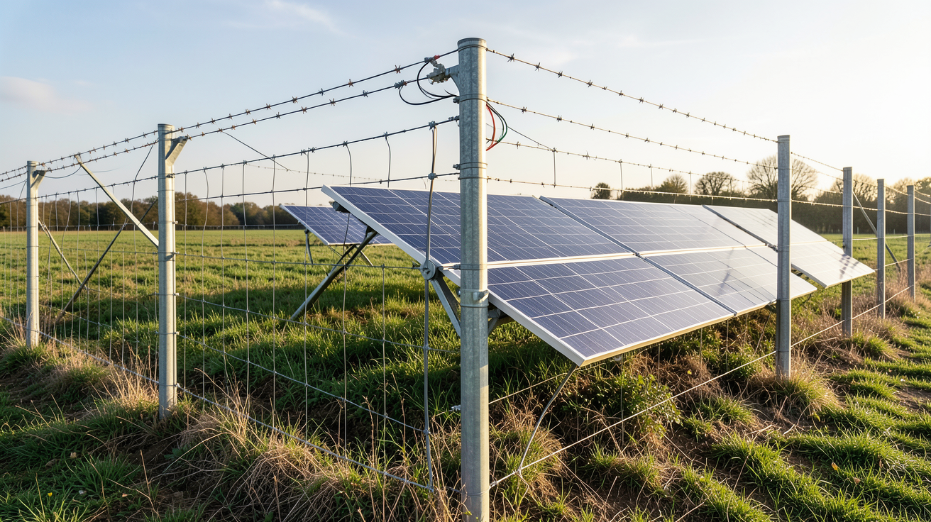 clôture électrique solaire avec panneaux photovoltaïques installée dans un champ