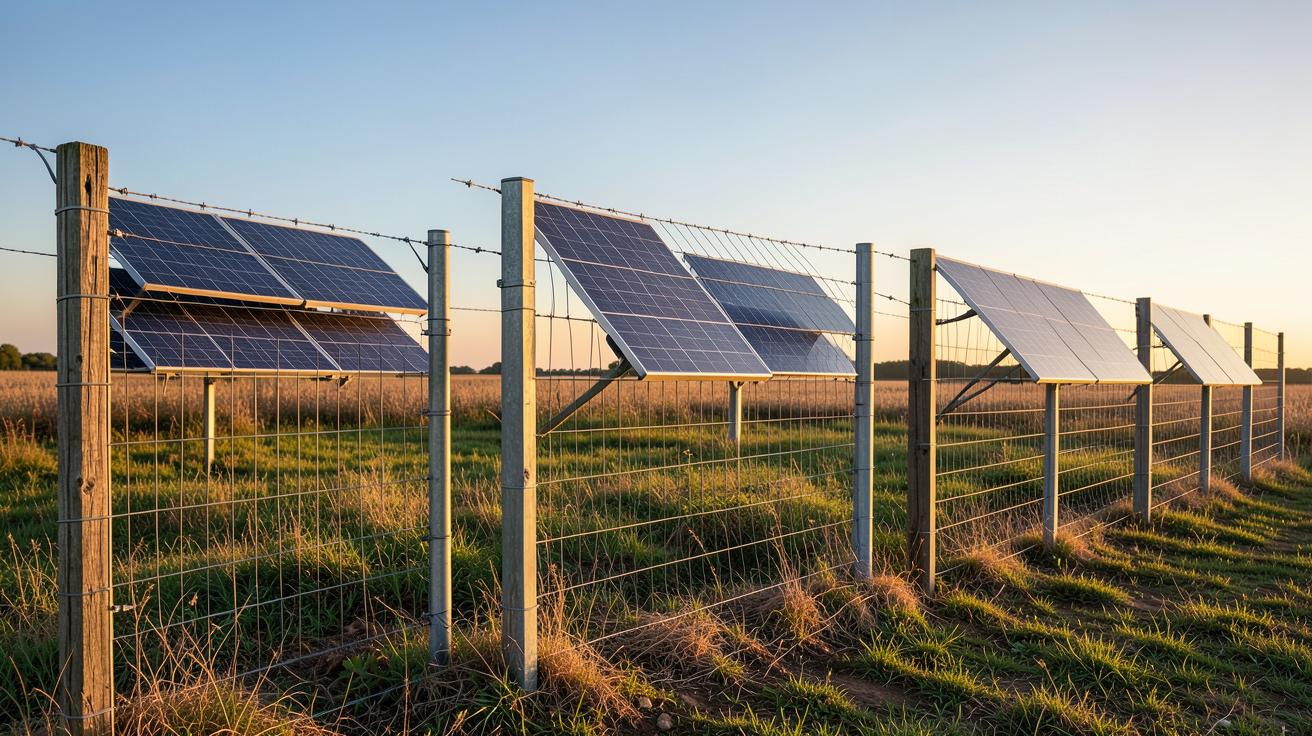 clôture électrique solaire présentant trois types différents installés dans un environnement rural