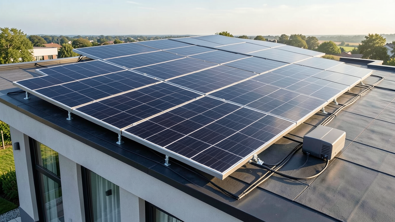 coa photovoltaïque installée sur le toit d'une maison moderne avec des panneaux solaires noirs