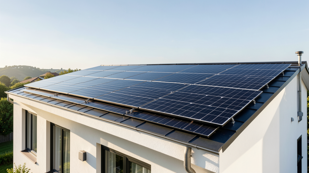 coa photovoltaïque installé sur le toit d'une maison contemporaine avec des panneaux solaires noirs