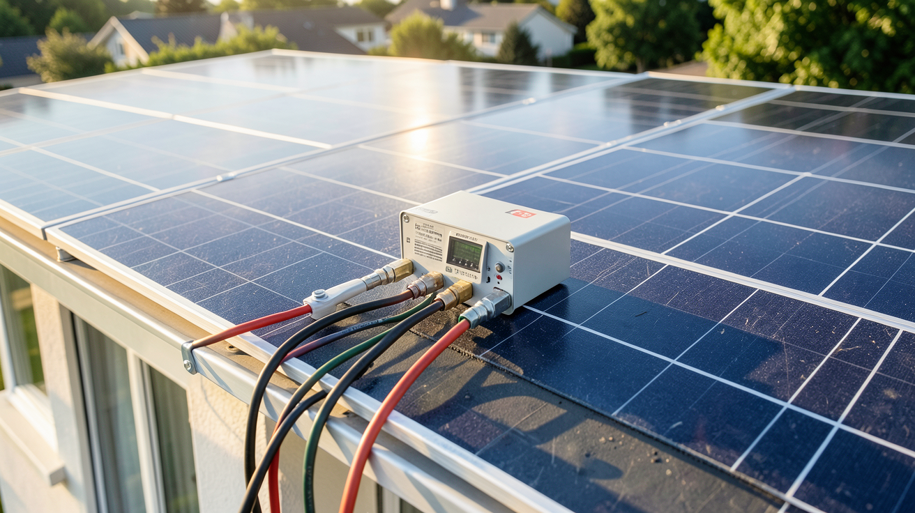 coa photovoltaïque installé sur le toit d'une maison avec câbles et boîtier de connexion
