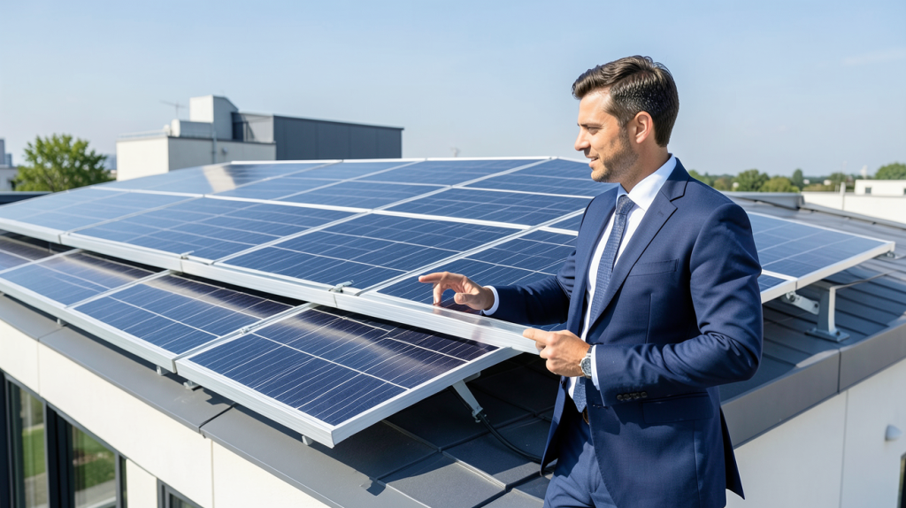 commercial panneaux photovoltaiques inspectant une installation de panneaux solaires sur un toit d'entreprise