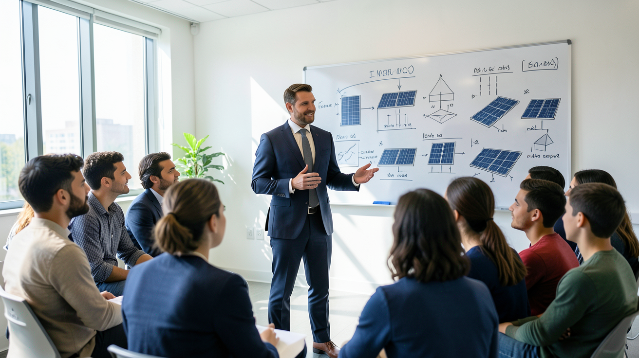 commercial panneaux photovoltaïques en formation avec des étudiants dans une salle moderne