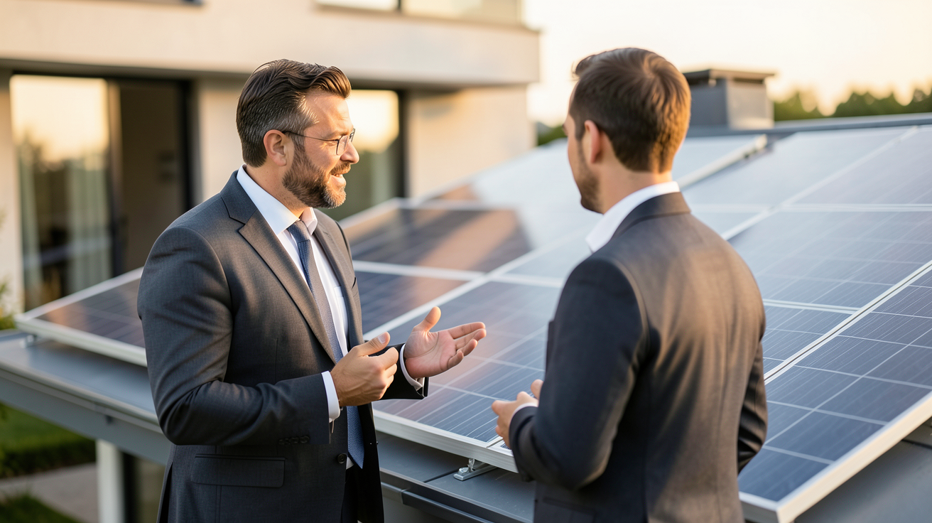 commercial panneaux photovoltaiques discutant avec un client devant une installation solaire sur une maison