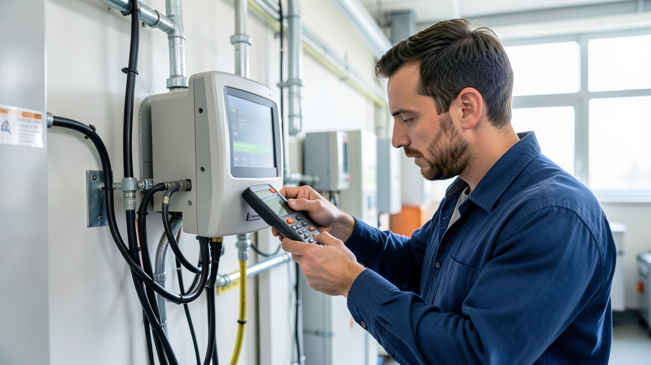 consommation onduleur photovoltaïque calculée avec un multimètre par un technicien dans un local technique