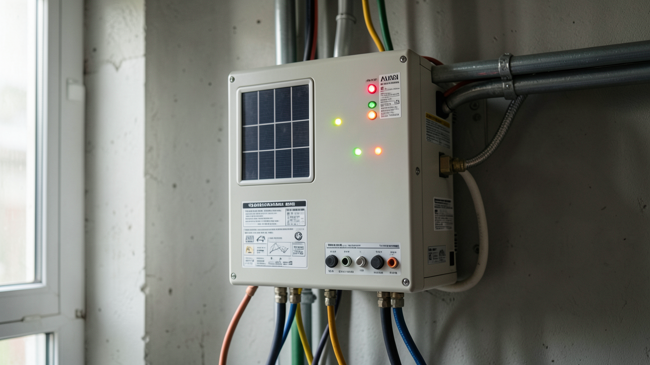 consommation onduleur photovoltaïque détaillé avec câbles et voyants lumineux dans un local technique