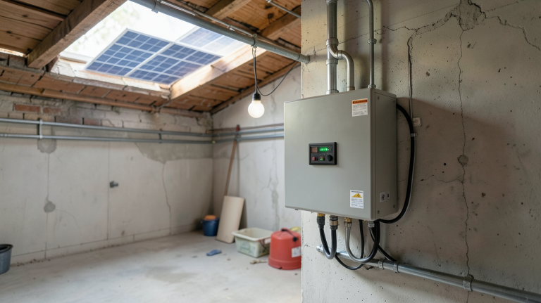consommation onduleur photovoltaïque installé dans un garage technique avec panneaux solaires sur le toit