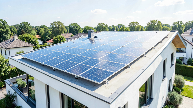 consommation panneau solaire vue sur le toit d'une maison moderne avec panneaux photovoltaïques sous le soleil