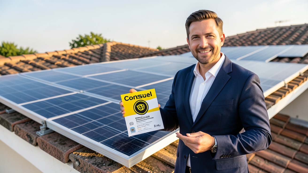 consuel panneau solaire attestation de conformité tenue par un technicien devant une installation photovoltaïque