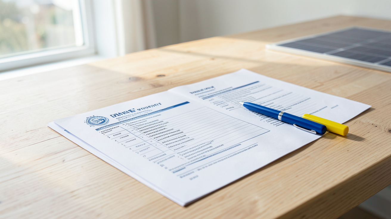 consuel panneau solaire checklist des documents à préparer posée sur une table en bois