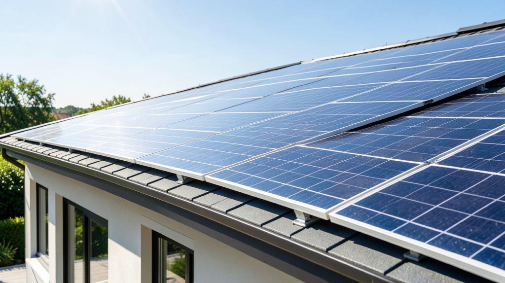 consuel panneau solaire installés sur le toit d'une résidence moderne sous un ciel clair