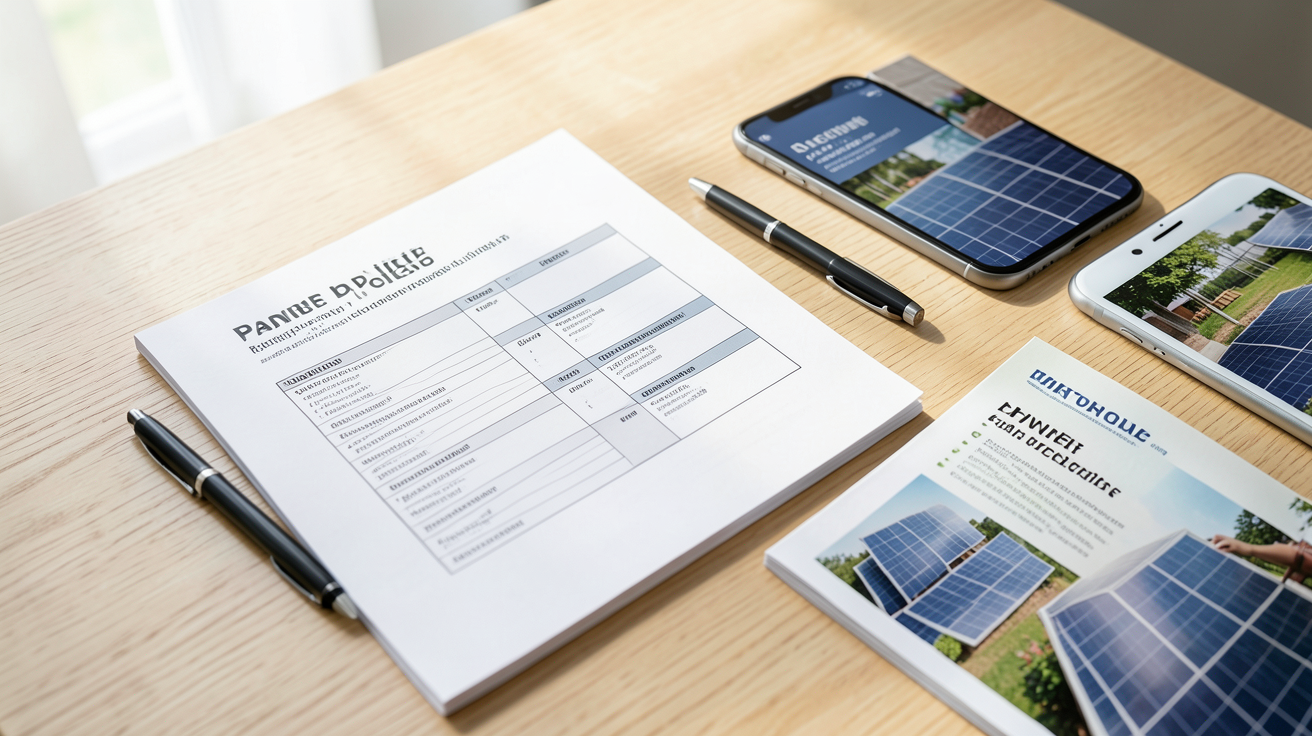 consuel panneaux photovoltaïques checklist et ressources utiles posées sur une table en bois