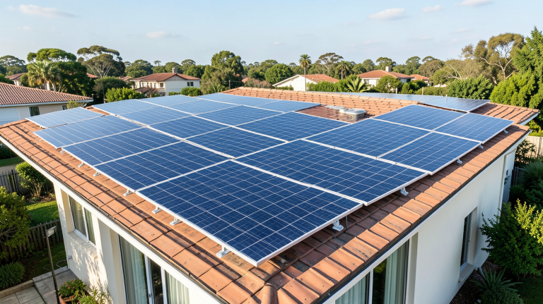 consuel panneaux photovoltaïques montrant des panneaux solaires installés sur le toit d'une maison avec le badge de conformité Consuel clairement visible
