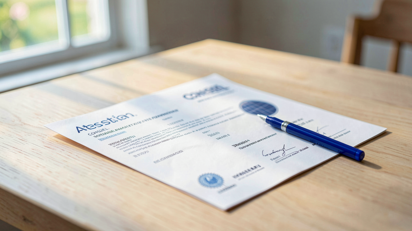 consuel photovoltaique Attestation CONSUEL pour un système photovoltaïque posée sur une table avec un stylo bleu