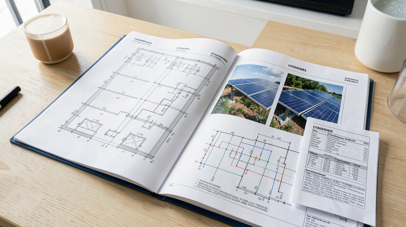consuel photovoltaique dossier technique ouvert avec plans électriques, rapport CONSUEL et photos d'installation solaire