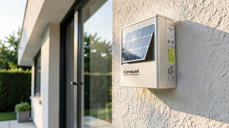 consuel photovoltaïque fixé sur un mur extérieur d'une maison avec installation solaire