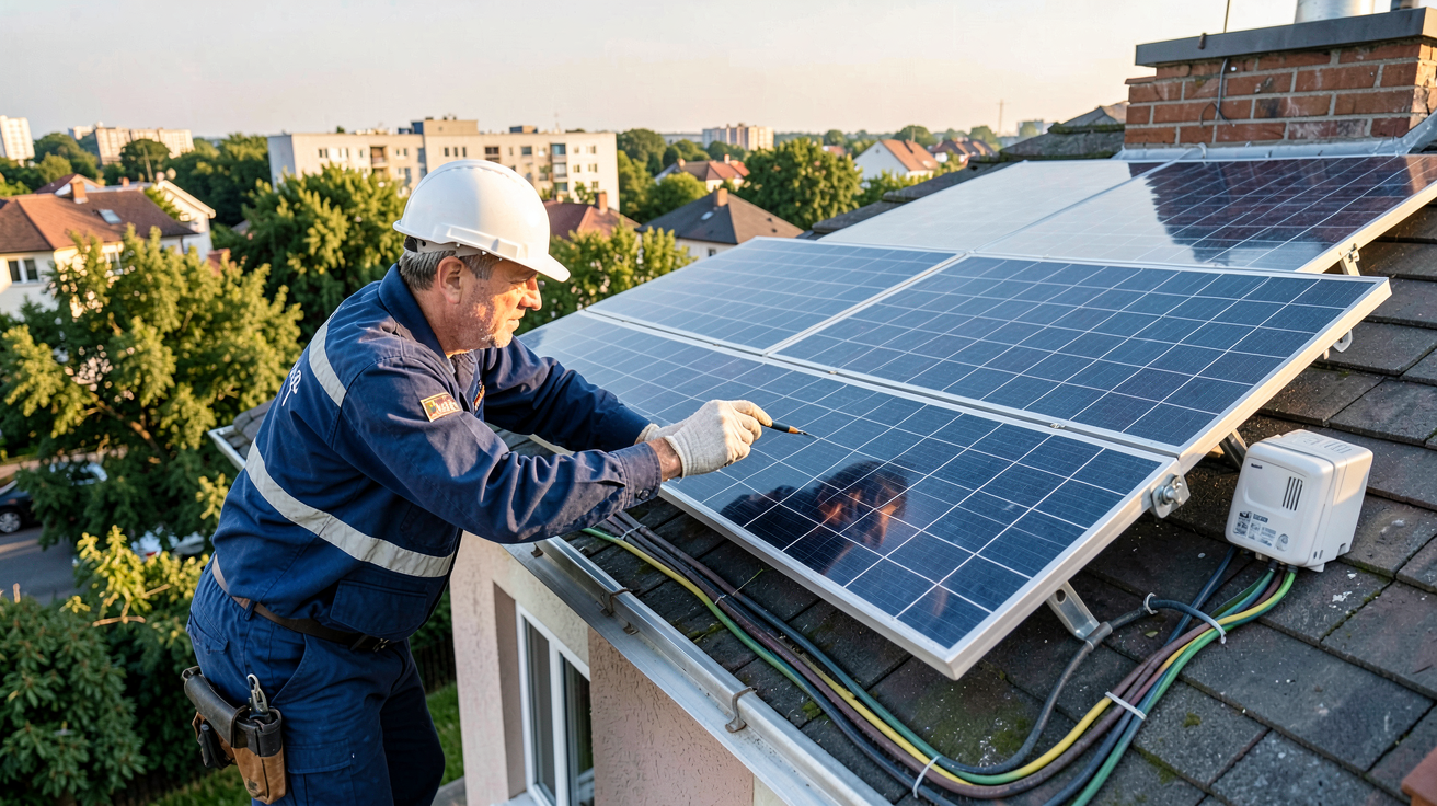 Consuel photovoltaïque obligatoire : technicien vérifiant une installation solaire sur un toit de maison