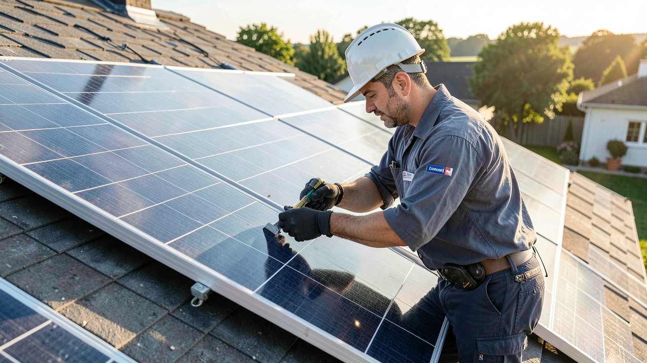consuel photovoltaïque obligatoire : technicien Consuel contrôlant une installation solaire sur un toit