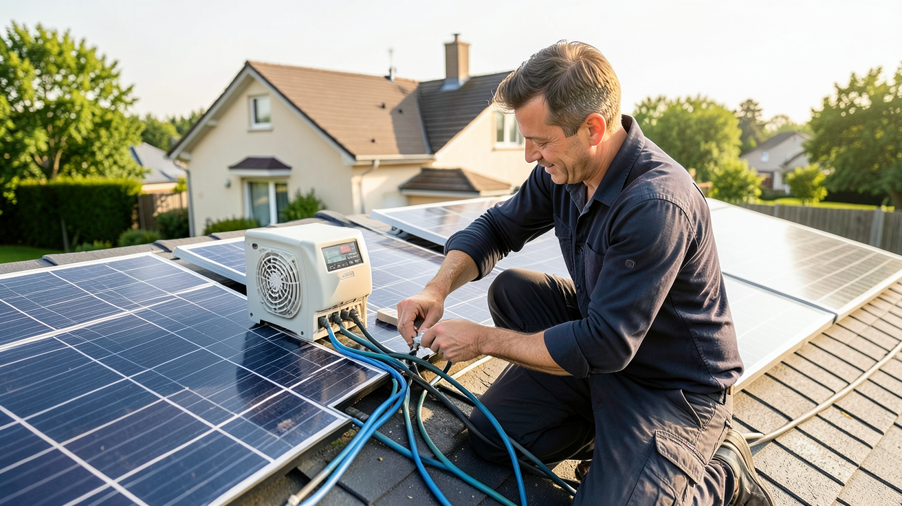 consuel photovoltaïque particulier : technicien vérifiant les branchements électriques d'une installation solaire sur un toit