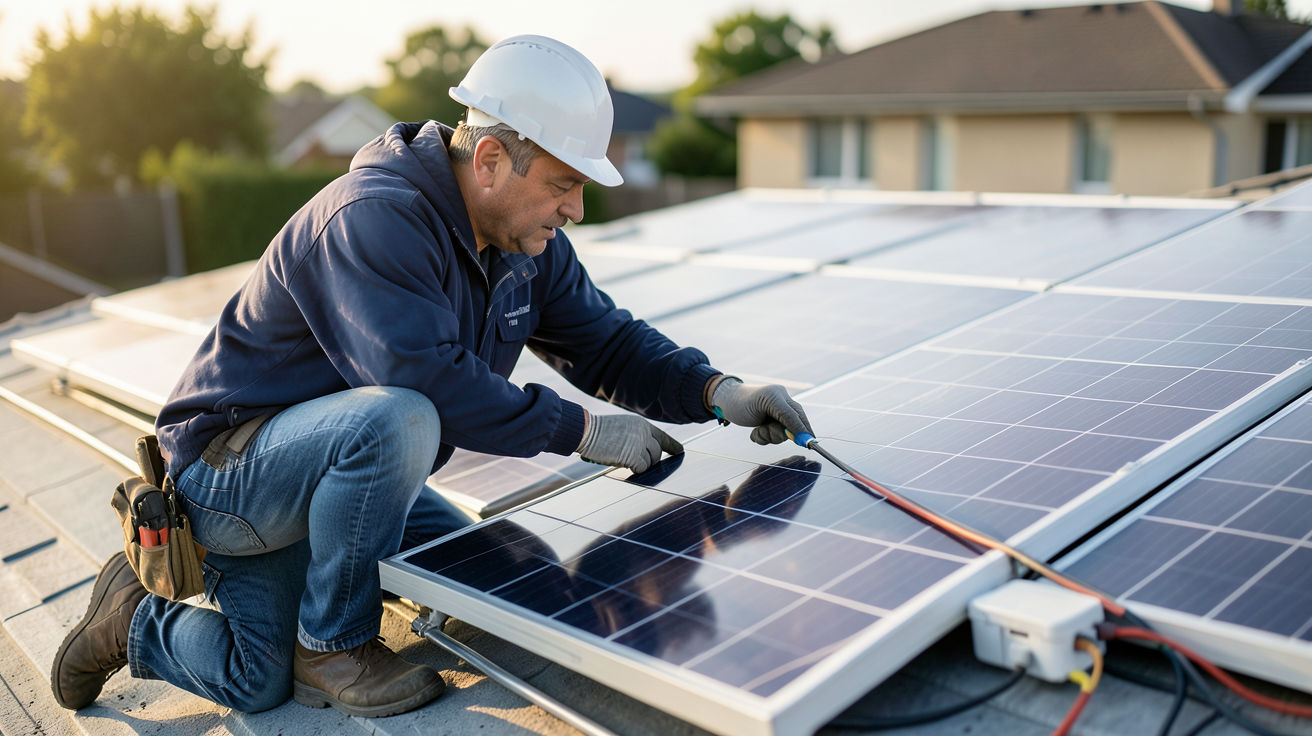 consuel photovoltaïque particulier erreurs à éviter technicien vérifiant installation panneaux solaires sur toit de maison