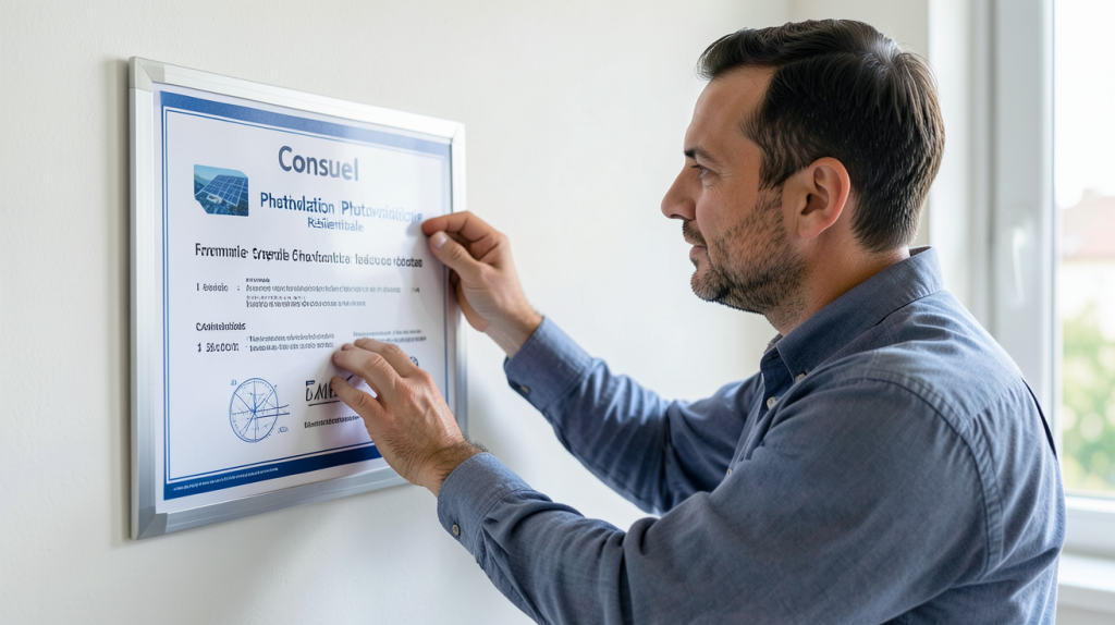 consuel photovoltaïque particulier affiché sur le tableau de certification d'une installation solaire résidentielle