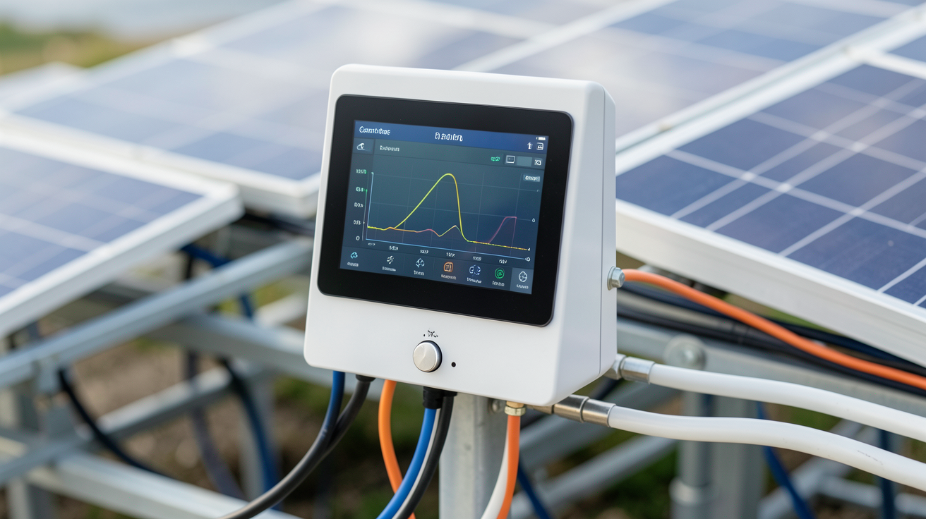 contrôleur de charge solaire avec écran numérique installé dans un système énergétique