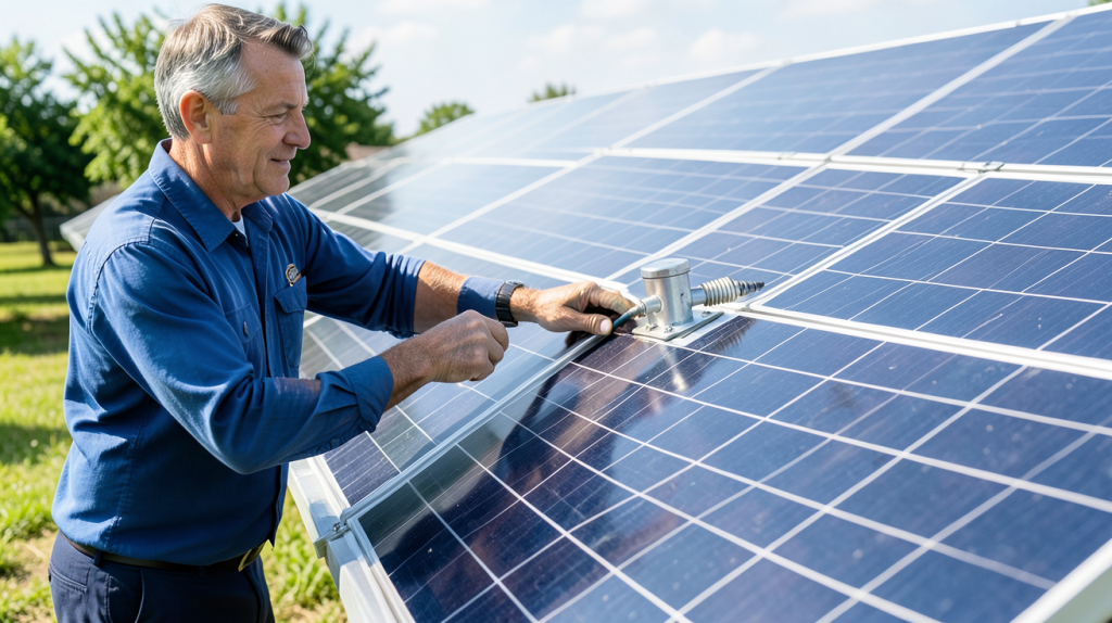contrôleur de charge solaire fixé sur un panneau photovoltaïque en plein jour, montrant les câbles et l'écran LCD, rendu photographique haute qualité