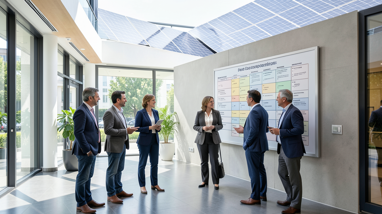 copropriété panneaux photovoltaïques cadre légal règles affichées dans un hall d'immeuble moderne