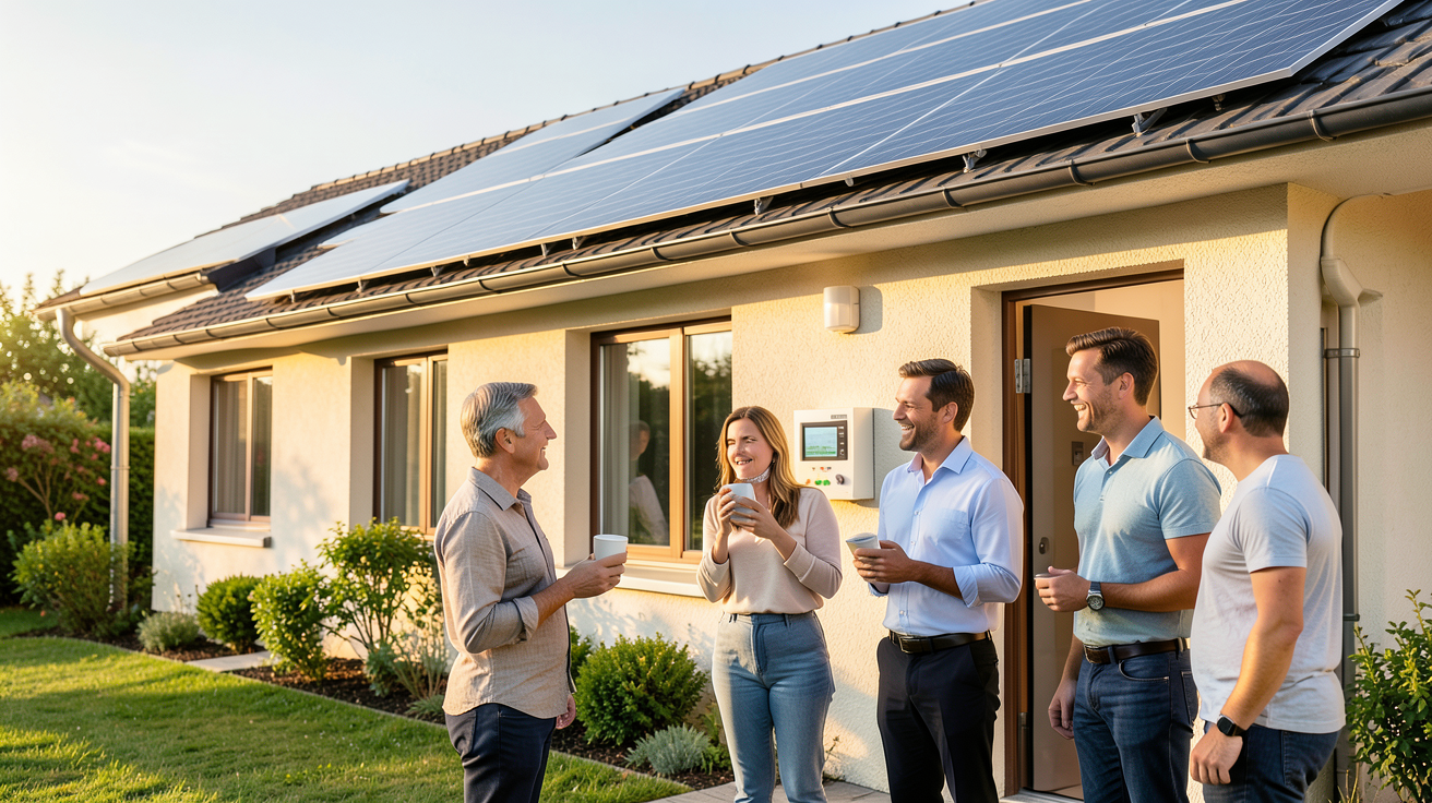 copropriété équipée de panneaux photovoltaïques sur le toit d'un immeuble résidentiel avec des habitants analysant la consommation et la valorisation de l'électricité produite
