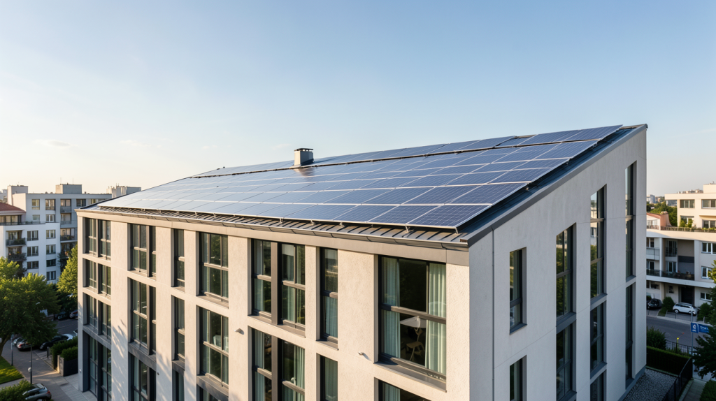 copropriété équipée de panneaux photovoltaïques sur le toit d'un immeuble urbain moderne