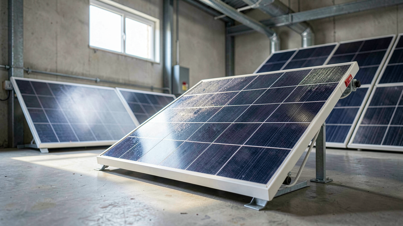 cout batterie panneau solaire : batterie solaire moderne installée dans un local technique avec panneaux photovoltaïques en arrière-plan