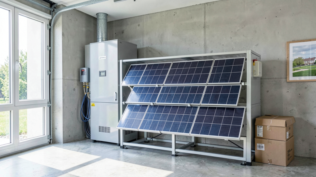 cout batterie panneau solaire installée dans un garage moderne pour stockage d'énergie
