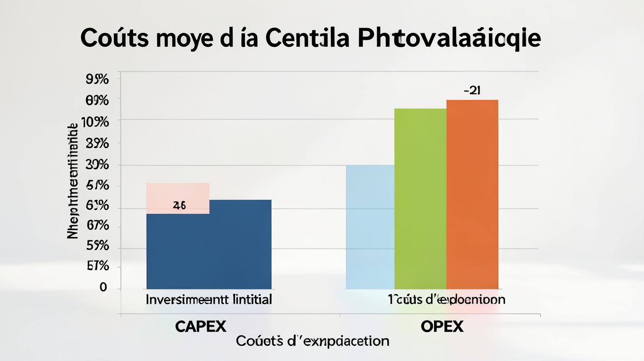 coût d'une centrale photovoltaïque au sol : découpage du coût moyen par poste (CAPEX & OPEX) présenté sous forme de graphique professionnel