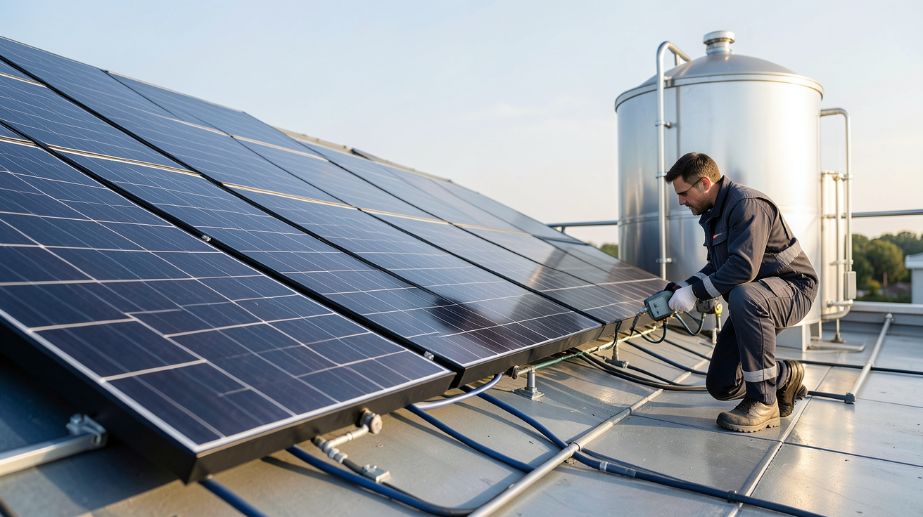 coût chauffage solaire installation détaillée en 2025 avec panneaux thermiques et technicien