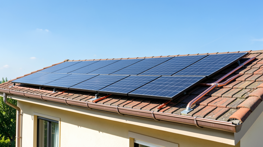 coût chauffage solaire : installation de panneaux solaires thermiques sur le toit d'une maison en été