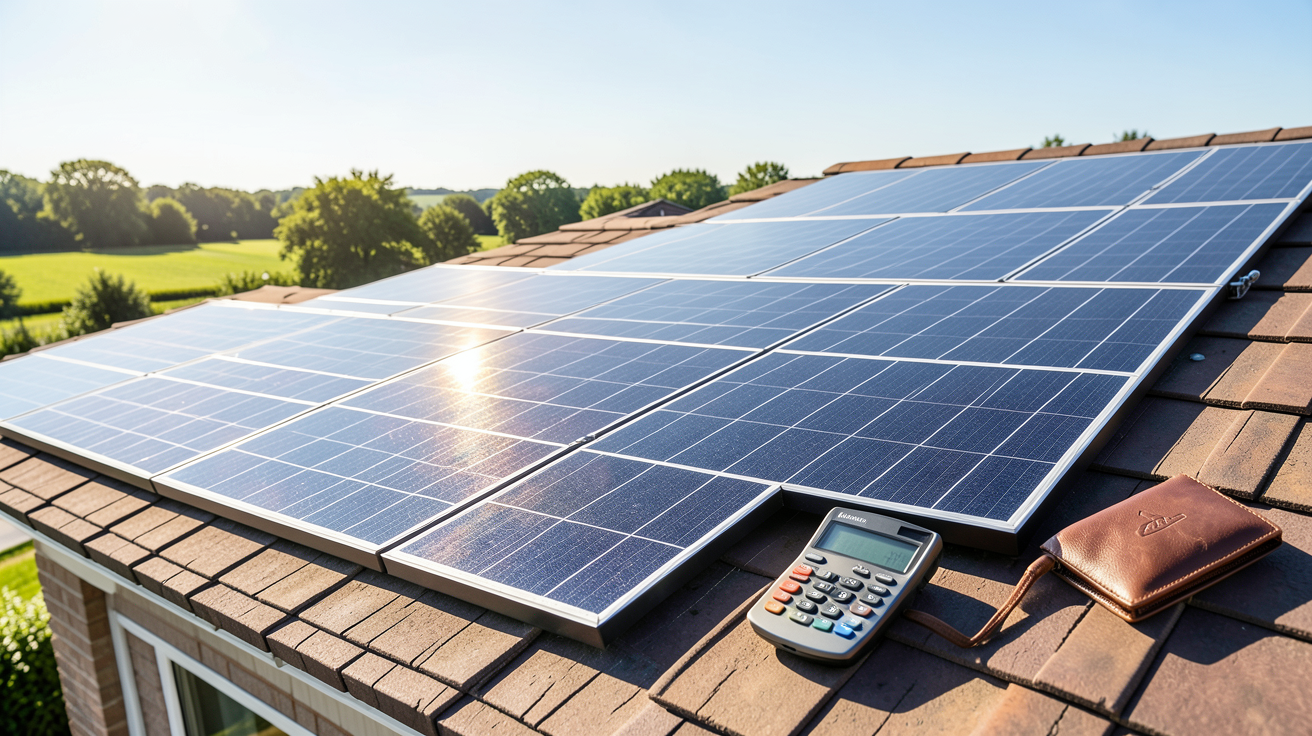 cout d installation panneaux solaires montrant des panneaux photovoltaïques sur un toit avec un porte‑monnaie et un calculateur, illustrant les économies et le ROI
