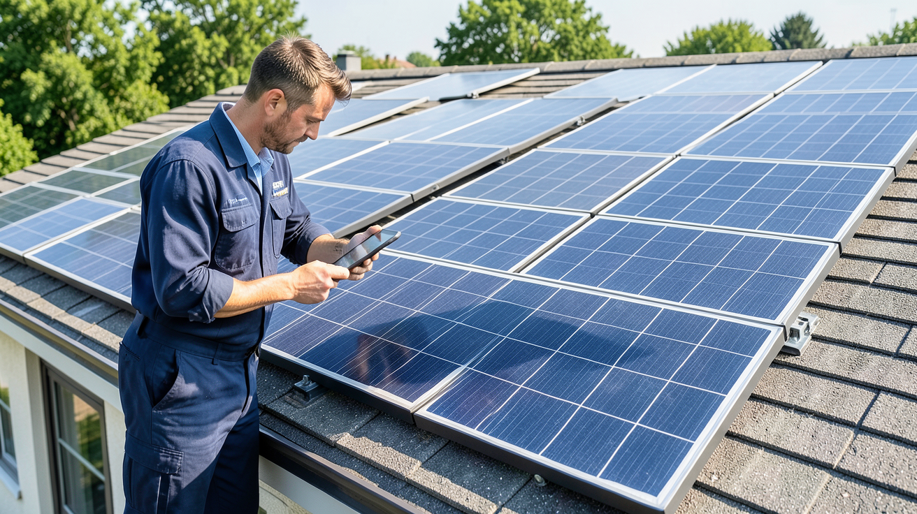 cout d installation panneaux solaires photo d'un toit avec panneaux solaires modernes et d'un technicien examinant les installations avec une tablette